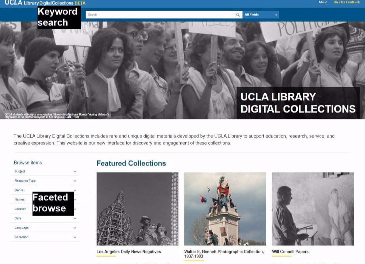 Screenshot of the homepage of the UCLA Library Digital Collections, with they keyword search and faceted search areas labelled.